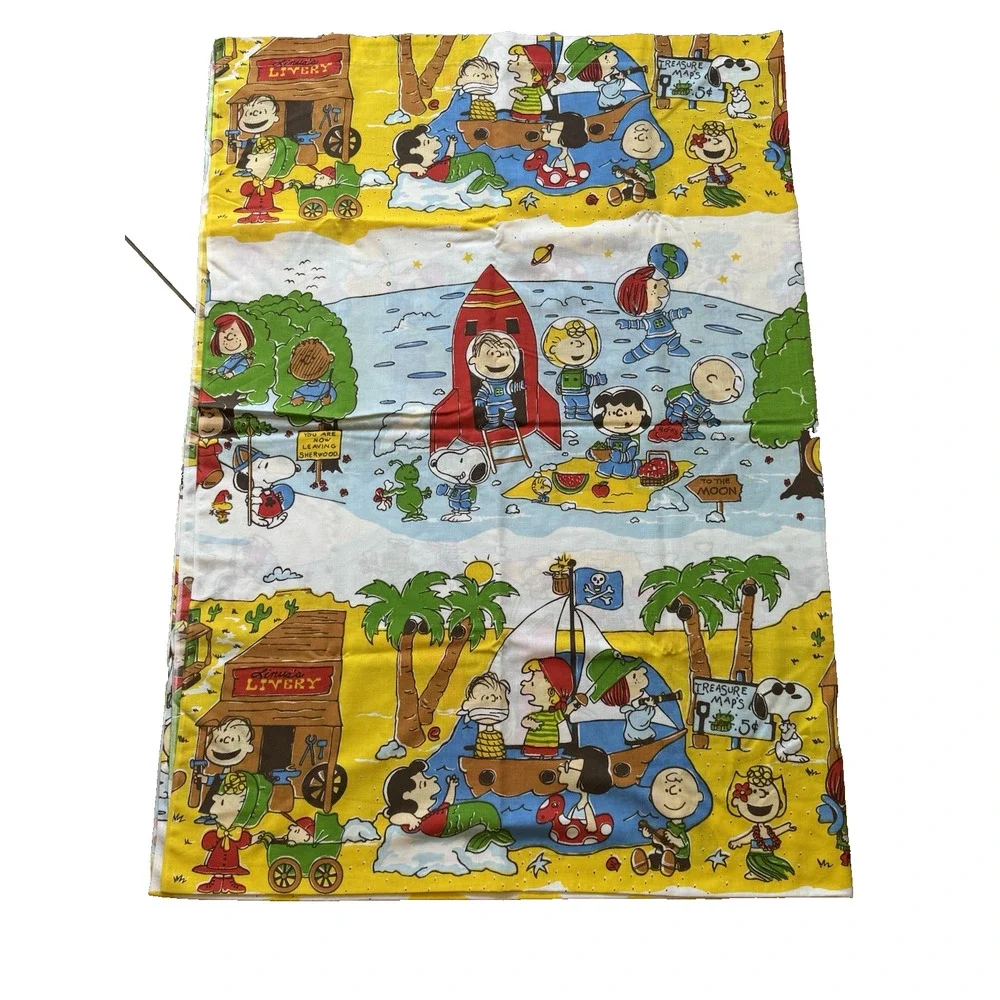 RARE Vintage Peanuts Charlie Brown Snoopy Full Sheet Set Space Camping West 1970